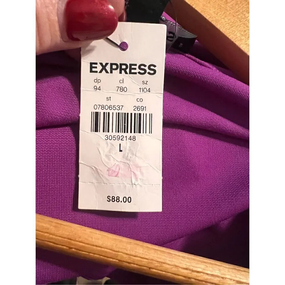 Express L Draped V-Neck Strong Shoulder Mini Dress Magenta Purple Asymmetrical - Picture 9 of 9